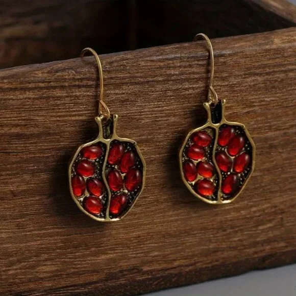 NEW Persephone Garnet Red and 14K Gold Plated Pomegranate Fruit Drop Earrings - Picture 3 of 5